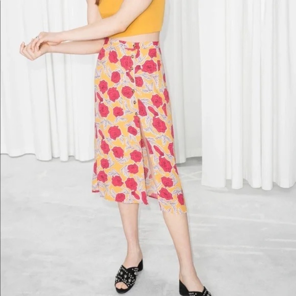 & Other Stories Yellow Midi Skirt with Pink Floral Print